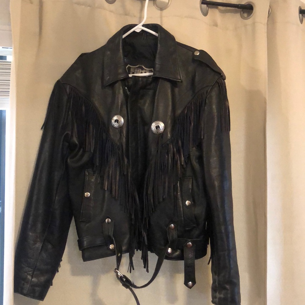 First Genuine leather fringed coat 3220